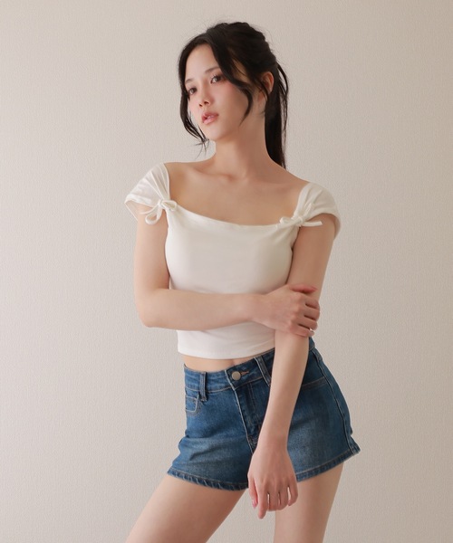 M DOLLY(エムドリー)の「twin ribbon short tops/ツインリボンショートトップス(Tシャツ/カットソー・レディース・グレー/ブラック/ピンク/ホワイト・S/M)」の9枚目の写真