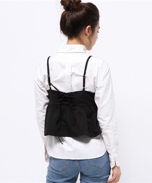 one after another NICE CLAUP（ワンアフターアナザーナイスクラップ）の「【ナイスクラップ】スウェードビスチェ（キャミソール・レディース・キャメル/カーキ/ブラック・FREE）」の6枚目の写真