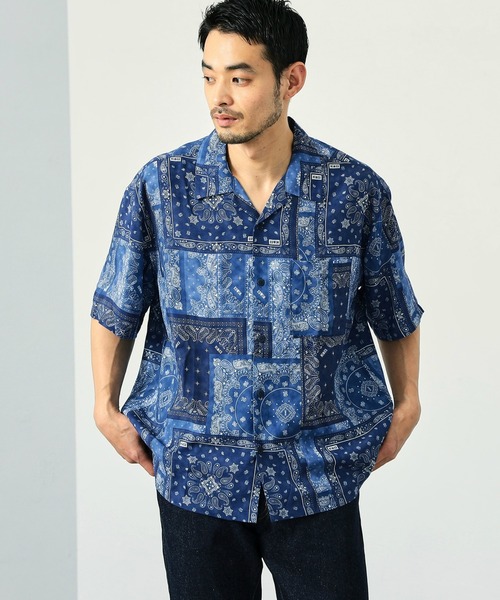 EDWIN（エドウィン）の「EDWIN エドウィン バンダナ オープンカラーシャツ 半袖（シャツ/ブラウス・メンズ・ネイビー・LARGE/SMALL/MEDIUM）」の1枚目の写真
