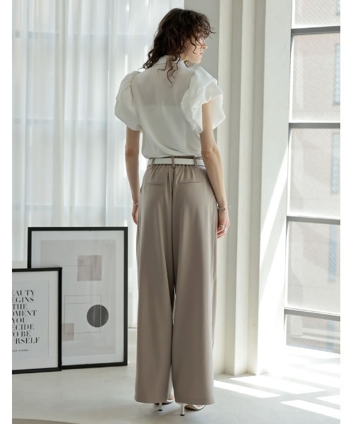 オリーブ色　フリル襟半袖ブラウス 2025 SUMMER COLLECTION][セレモニー オケージョン]ジョーゼット