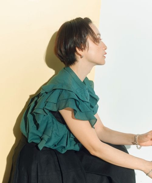 高山都　oblekt リボンブラウス　ブルー 売り切れ商品 高山都×INDIA IS BEAUTIFUL》コットンボイルラッフルスリーブブラウス