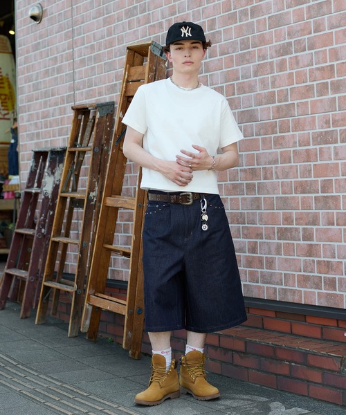 スタッズリジットデニムバギーショーツ(海外ストリート) STUDDED RIGID DENIM BAGGY SHORTS／スタッズリジットデニム