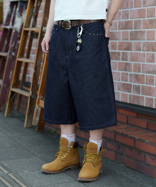 STUDDED RIGID DENIM BAGGY SHORTS／スタッズリジットデニム