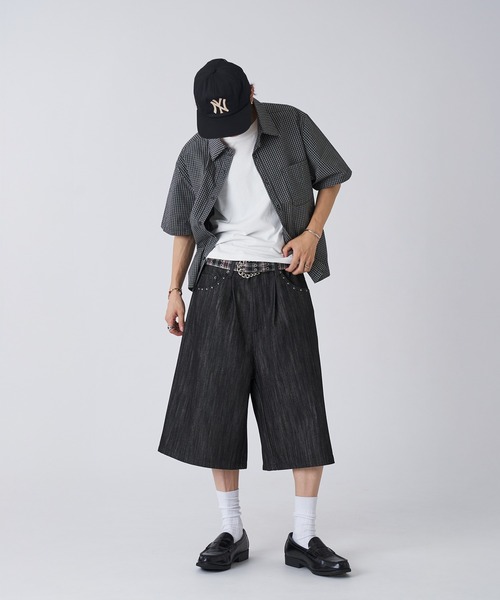 スタッズリジットデニムバギーショーツ(海外ストリート) STUDDED RIGID DENIM BAGGY SHORTS／スタッズリジットデニム
