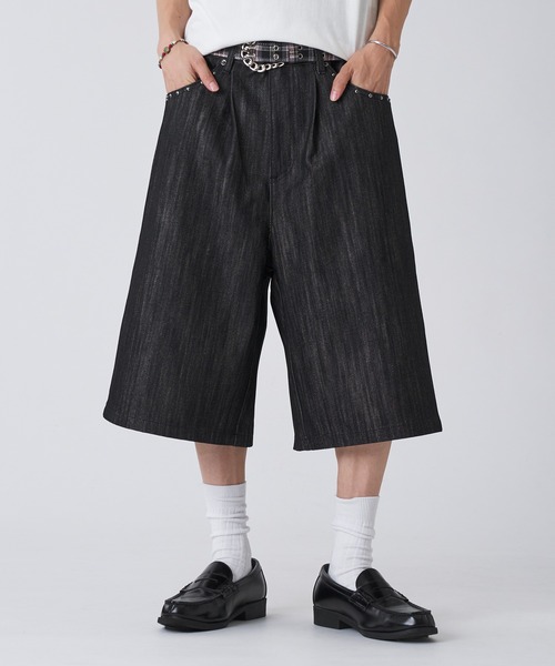 リジットデニム バギージョーツL STUDDED RIGID DENIM BAGGY SHORTS／スタッズリジットデニム