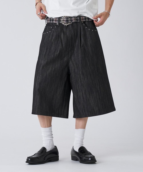 STUDDED RIGID DENIM BAGGY SHORTS／スタッズリジットデニム