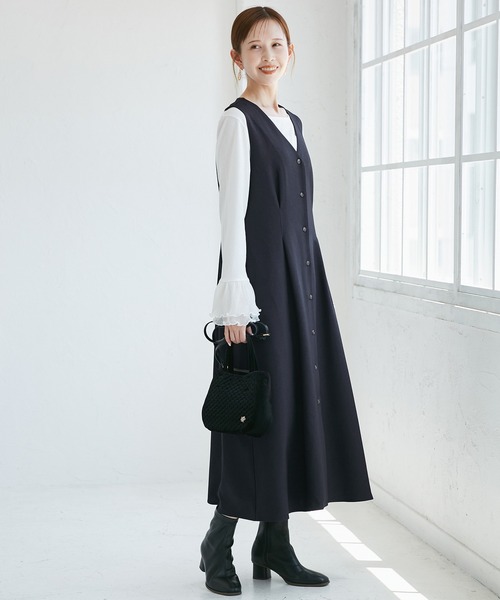 【パール釦付き】 ウールライク ジャンパースカート ネイビー 新品未使用品 パール釦付き】 ウールライク ジャンパースカート ネイビー 新品未使用