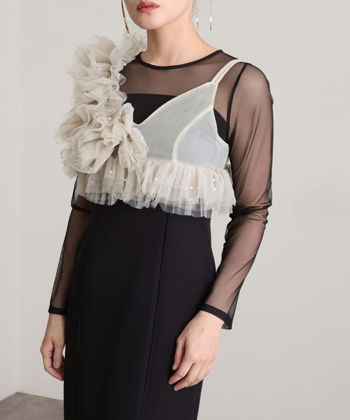 セール】ミモレ丈&袖ありフォーマルフリルパールビスチェ2点セットI