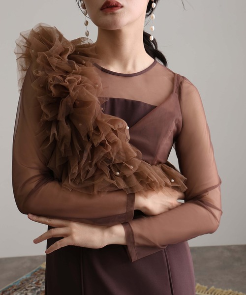 セール】ミモレ丈&袖ありフォーマルフリルパールビスチェ2点セットI