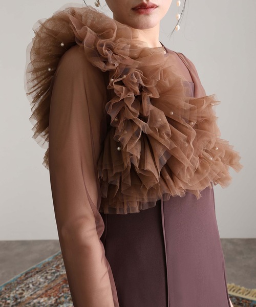 ミモレ丈&袖ありフォーマルフリルパールビスチェ2点セットIライン