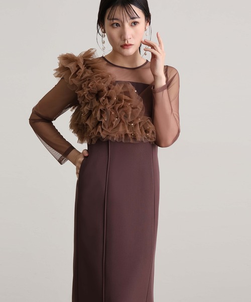 ANDRESD ミモレ丈&袖ありフォーマルフリルパールビスチェ2点セット セール】ミモレ丈&袖ありフォーマルフリルパールビスチェ2点セットI