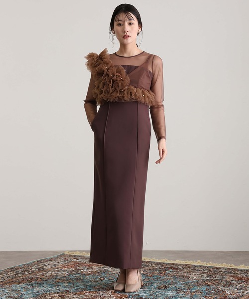 セール】ミモレ丈&袖ありフォーマルフリルパールビスチェ2点セットI