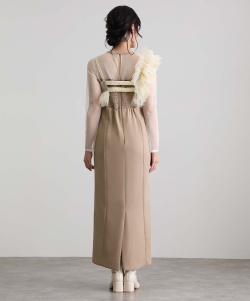 セール】ミモレ丈&袖ありフォーマルフリルパールビスチェ2点セットI