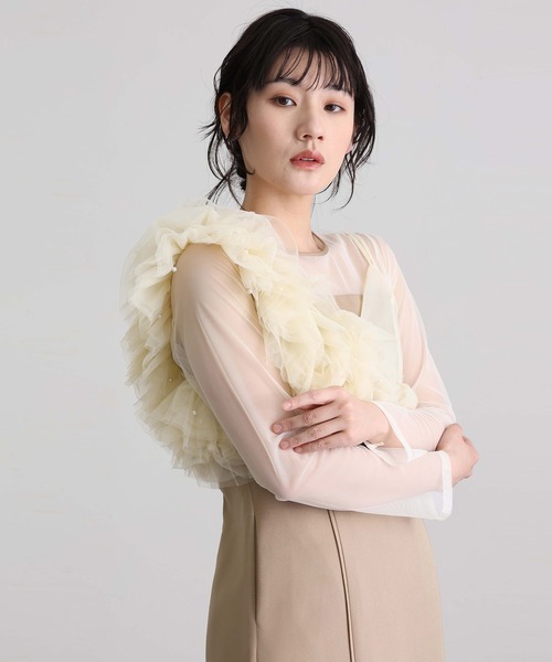 atlo（アトロ）の「ミモレ丈&袖あり フォーマル フリル パール ビスチェ2点セット Iライン タイト セレモニー 結婚式 二次会 パーティー ドレス オケージョンドレス お呼ばれ 同窓会 成人式 （ドレス・レディース・ベージュ/ブラウン/ベージュ系その他/ブラック・M）」の16枚目の写真