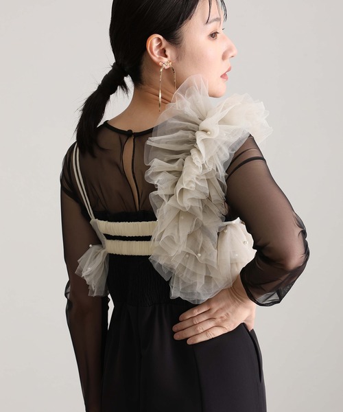 ANDRESD ミモレ丈&袖ありフォーマルフリルパールビスチェ2点セット