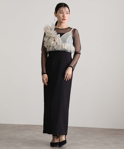 セール】ミモレ丈&袖ありフォーマルフリルパールビスチェ2点セットI