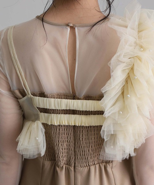 ミモレ丈&袖ありフォーマルフリルパールビスチェ2点セットIライン