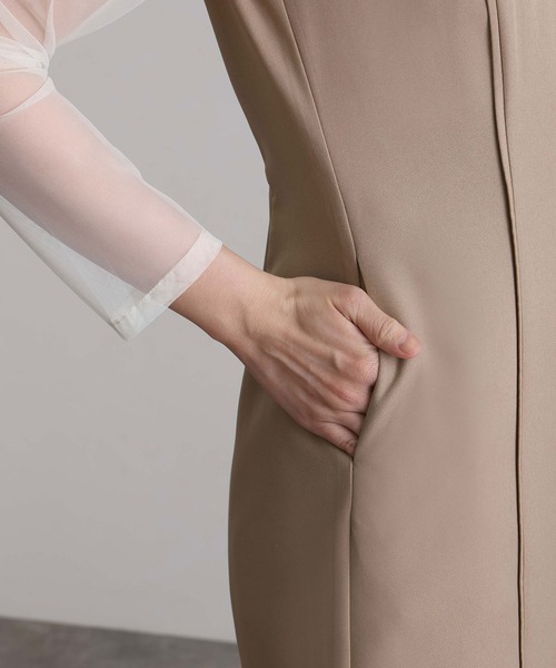 ミモレ丈&袖ありフォーマルフリルパールビスチェ2点セットIライン