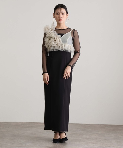 ANDRESD ミモレ丈&袖ありフォーマルフリルパールビスチェ2点セット ミモレ丈&袖ありフォーマルフリルパールビスチェ2点セットIライン