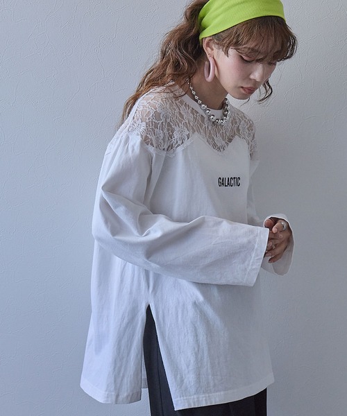 bohmal（ボマール）の「レースドッキングオーバーサイズロンT（Tシャツ/カットソー・レディース・ブラック/ホワイト/ライム・FREE）」の2枚目の写真