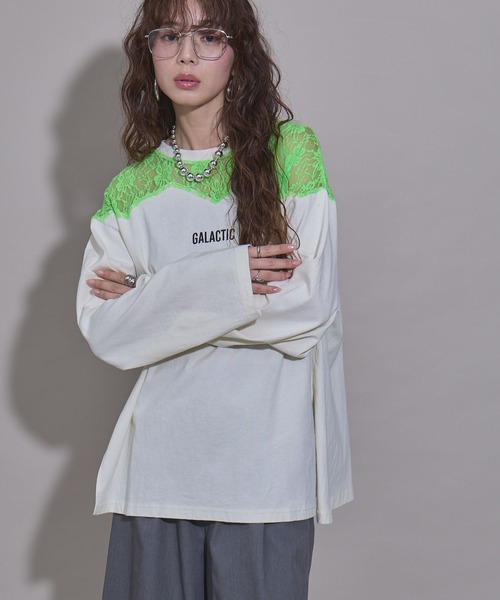 bohmal（ボマール）の「レースドッキングオーバーサイズロンT（Tシャツ/カットソー・レディース・ブラック/ホワイト/ライム・FREE）」の3枚目の写真