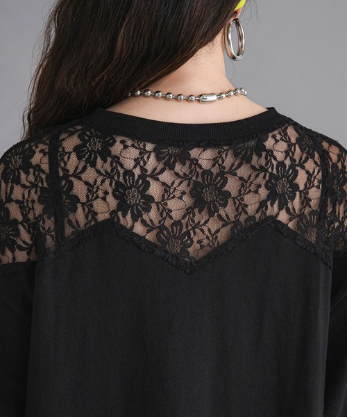 bohmal（ボマール）の「レースドッキングオーバーサイズロンT（Tシャツ/カットソー・レディース・ブラック/ホワイト/ライム・FREE）」の4枚目の写真