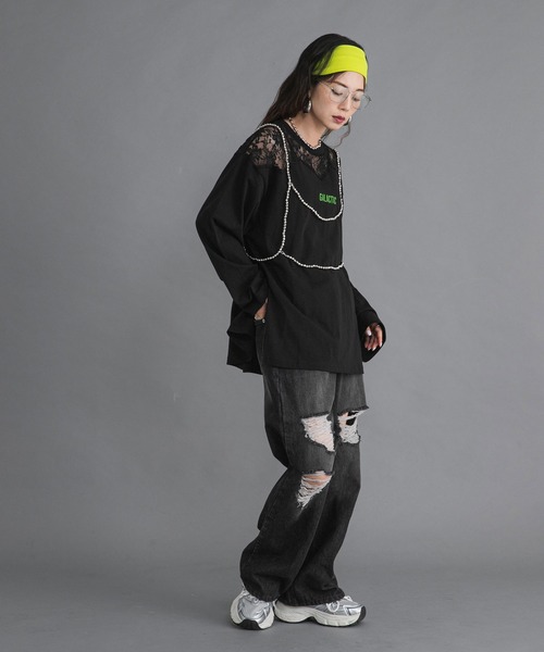 bohmal（ボマール）の「レースドッキングオーバーサイズロンT（Tシャツ/カットソー・レディース・ブラック/ホワイト/ライム・FREE）」の15枚目の写真