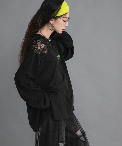 bohmal（ボマール）の「レースドッキングオーバーサイズロンT（Tシャツ/カットソー・レディース・ブラック/ホワイト/ライム・FREE）」の14枚目の写真