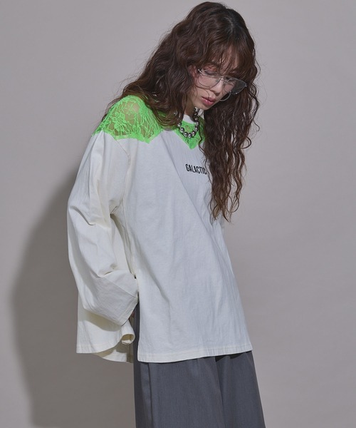 bohmal（ボマール）の「レースドッキングオーバーサイズロンT（Tシャツ/カットソー・レディース・ブラック/ホワイト/ライム・FREE）」の19枚目の写真