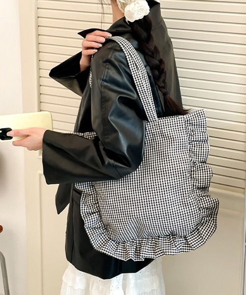 JILTU jilju ギンガムチェック トートバッグ フリル付き ジルチュ JILTU jilju ギンガムチェック トートバッグ フリル付き