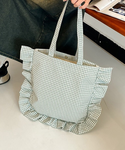 フリルバッグ　チェック　グリーン　ブルー　フリル　トートバッグ　ハンドメイド フリルバッグ チェック グリーン ブルー フリル トートバッグ