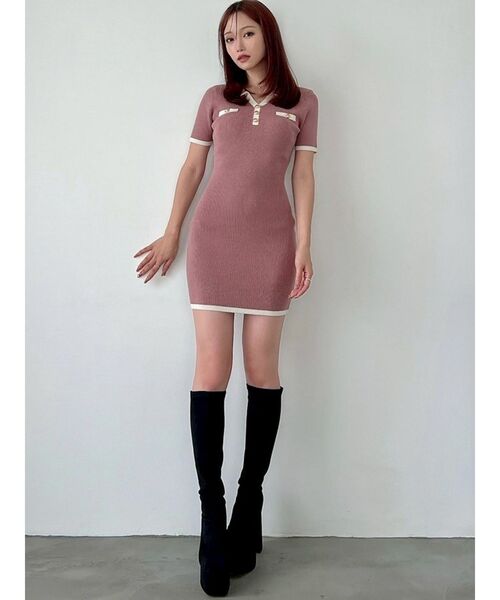 RESEXXY（リゼクシー）の「ゴールドボタンバイカラーニットポロワンピース（ワンピース・レディース・ピンク/ブラック/ベージュ・FREE）」の9枚目の写真