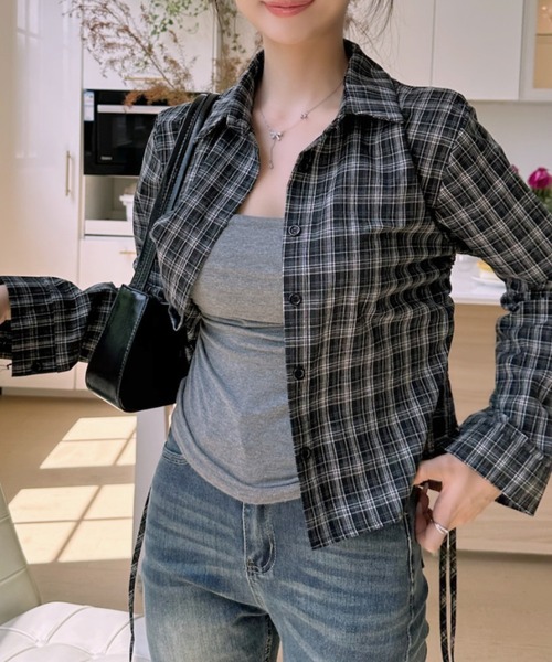 Ada.（エイダ）の「チェック柄 サイドシャーリング リボン ショートシャツ（シャツ/ブラウス・レディース・ブラック/レッド/ブラウン・FREE）」の21枚目の写真