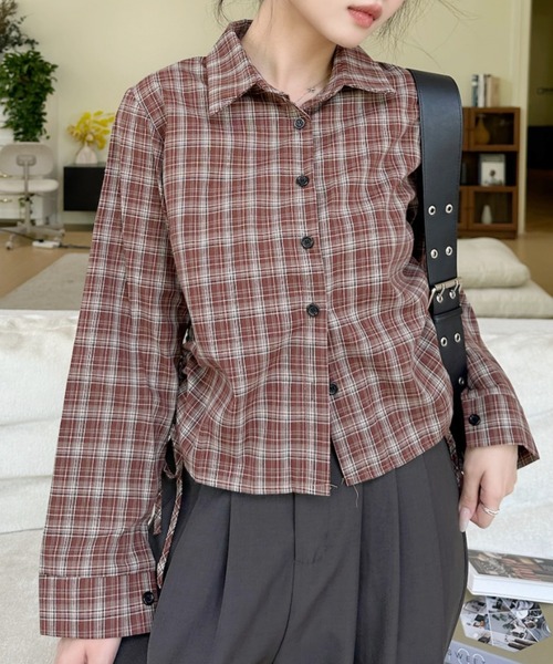 Ada.（エイダ）の「チェック柄 サイドシャーリング リボン ショートシャツ（シャツ/ブラウス・レディース・ブラック/レッド/ブラウン・FREE）」の22枚目の写真