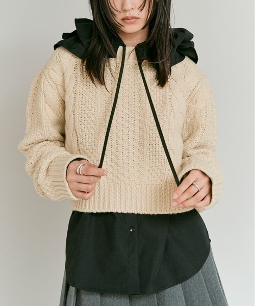 W:Huku(フーク)の「ウール ショート丈 ケーブル ニット セーター / Wool-Blend Short Length Cable Knit Sweater(ニット/セーター・レディース・ブラウン/アイボリー/チャコール・FREE)」の17枚目の写真