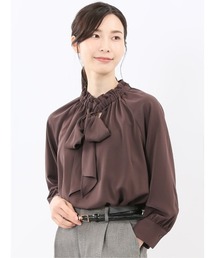 【ストレッチ UVカット イージーケア】ギャザーリボン 長袖 プルオーバー ブラウス