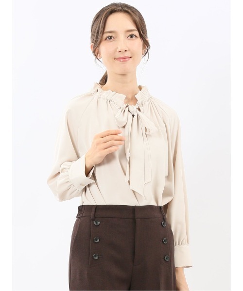 m.f.editorial(エムエフエディトリアル)の「【ストレッチ UVカット イージーケア】ギャザーリボン 長袖 プルオーバー ブラウス(シャツ/ブラウス・レディース・ネイビー/ライトグレー/ダークウッド・LARGE/MEDIUM)」の1枚目の写真