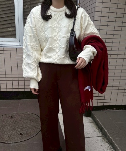 lawgy（ラウジー）の「pattern rhombus volume sleeve knit / パターンロンバスボリュームスリーブニット（ニット/セーター・レディース・ベージュ/グリーン系その他/ホワイト・FREE）」の21枚目の写真