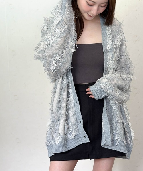 Per sist ence(パーシエンス)の「MIXフリンジニットカーディガン(カーディガン/ボレロ・レディース・アイボリー/ブラック/ベージュ系/グレー・ONE SIZE)」の4枚目の写真
