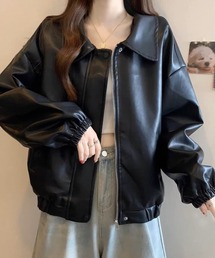 A'GEM/9 × .kom 『.KOM/ドットケーオーエム』 Simple Design Faux Leather Blouson/シンプルデザインエコレザー ブルゾン