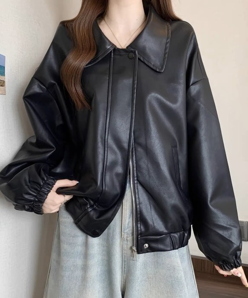 .KOM(ドットコム)の「A'GEM/9 × .kom 『.KOM/ドットケーオーエム』 Simple Design Faux Leather Blouson/シンプルデザインエコレザー ブルゾン(ライダースジャケット・レディース・ブラック/ブラウン・XL)」の7枚目の写真