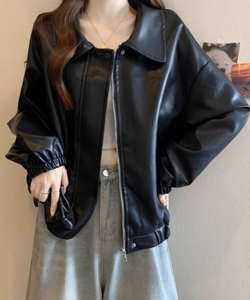 .KOM(ドットコム)の「A'GEM/9 × .kom 『.KOM/ドットケーオーエム』 Simple Design Faux Leather Blouson/シンプルデザインエコレザー ブルゾン(ライダースジャケット・レディース・ブラック/ブラウン・XL)」の6枚目の写真