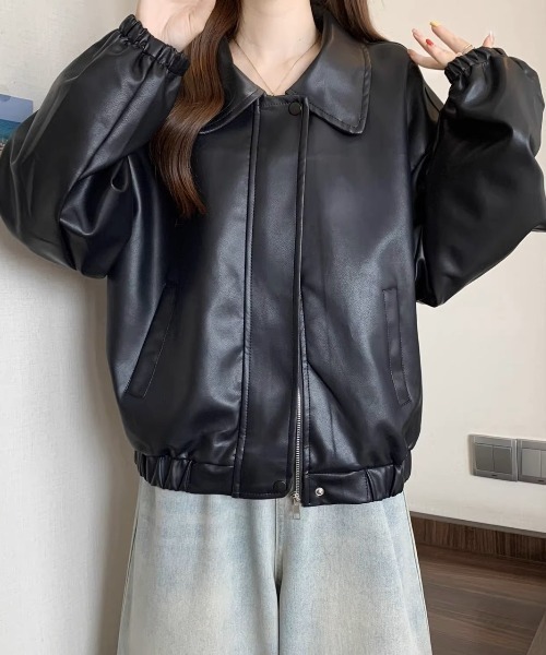 .KOM(ドットコム)の「A'GEM/9 × .kom 『.KOM/ドットケーオーエム』 Simple Design Faux Leather Blouson/シンプルデザインエコレザー ブルゾン(ライダースジャケット・レディース・ブラック/ブラウン・XL)」の9枚目の写真
