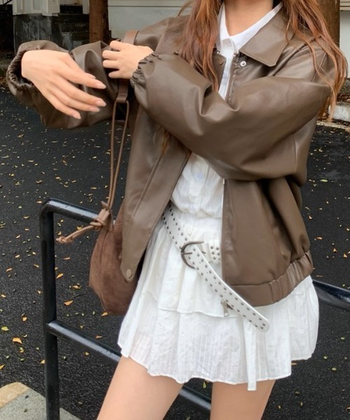 .KOM(ドットコム)の「A'GEM/9 × .kom 『.KOM/ドットケーオーエム』 Simple Design Faux Leather Blouson/シンプルデザインエコレザー ブルゾン(ライダースジャケット・レディース・ブラック/ブラウン・XL)」の12枚目の写真