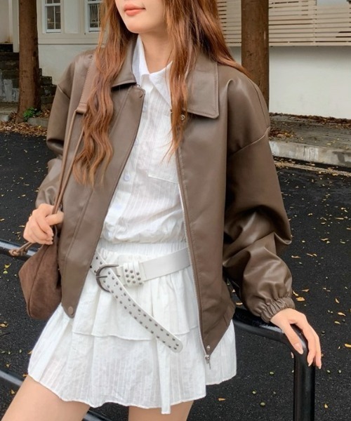 .KOM(ドットコム)の「A'GEM/9 × .kom 『.KOM/ドットケーオーエム』 Simple Design Faux Leather Blouson/シンプルデザインエコレザー ブルゾン(ライダースジャケット・レディース・ブラック/ブラウン・XL)」の13枚目の写真