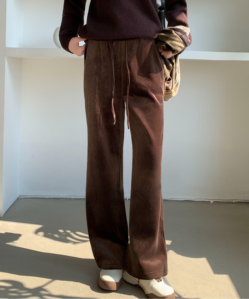 Maison Calme(メゾンカルム)の「【リラックスボトム】裏起毛ベロアドロスト イージーワイドパンツ 防寒 ウエストゴム(その他パンツ・レディース・ブラウン/ブラック・M/L)」の7枚目の写真