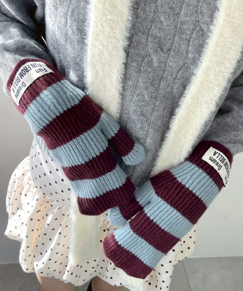 WEGO（ウィゴー）の「ﾎﾞｰﾀﾞｰﾐﾄﾝｸﾞﾛｰﾌﾞ（手袋・レディース・サックスブルー/ライトピンク/オフホワイト・FREE）」の7枚目の写真