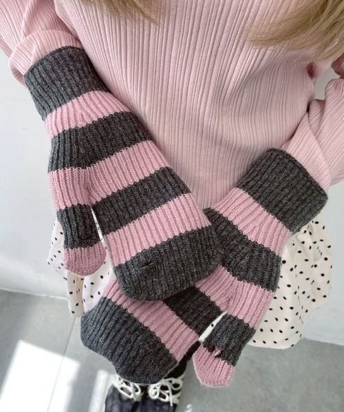 WEGO（ウィゴー）の「ﾎﾞｰﾀﾞｰﾐﾄﾝｸﾞﾛｰﾌﾞ（手袋・レディース・サックスブルー/ライトピンク/オフホワイト・FREE）」の8枚目の写真