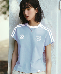 サッカーフットボール配色半袖Tシャツ[ライトブルー]