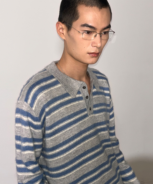 Stripe brush color crop knit [grey blue ST] — укороченный вязаный топ в полоску, серо‑голубой